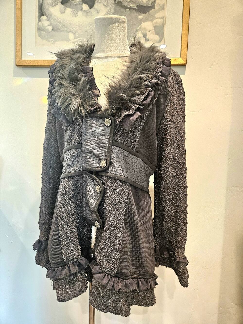 Fantazia Vintage Whimsigoth Faux Fur Ruffle Cardigan Jacket Women M Dark Romance